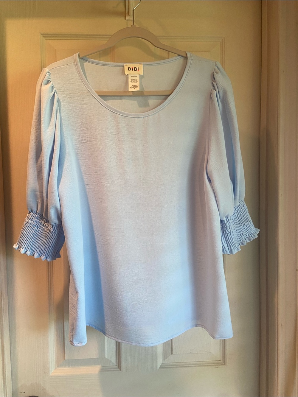 BiBi Pale Blue Puff Sleeve Smocked Cuff Blouse